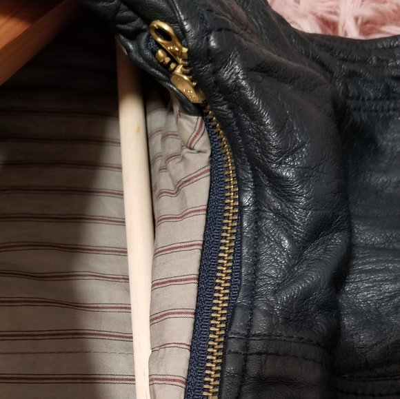 MIKE & CHRIS Genuine Leather Jacket Navy Blue/ (Grayish Blue) Detachable Hood - Picture 8 of 14